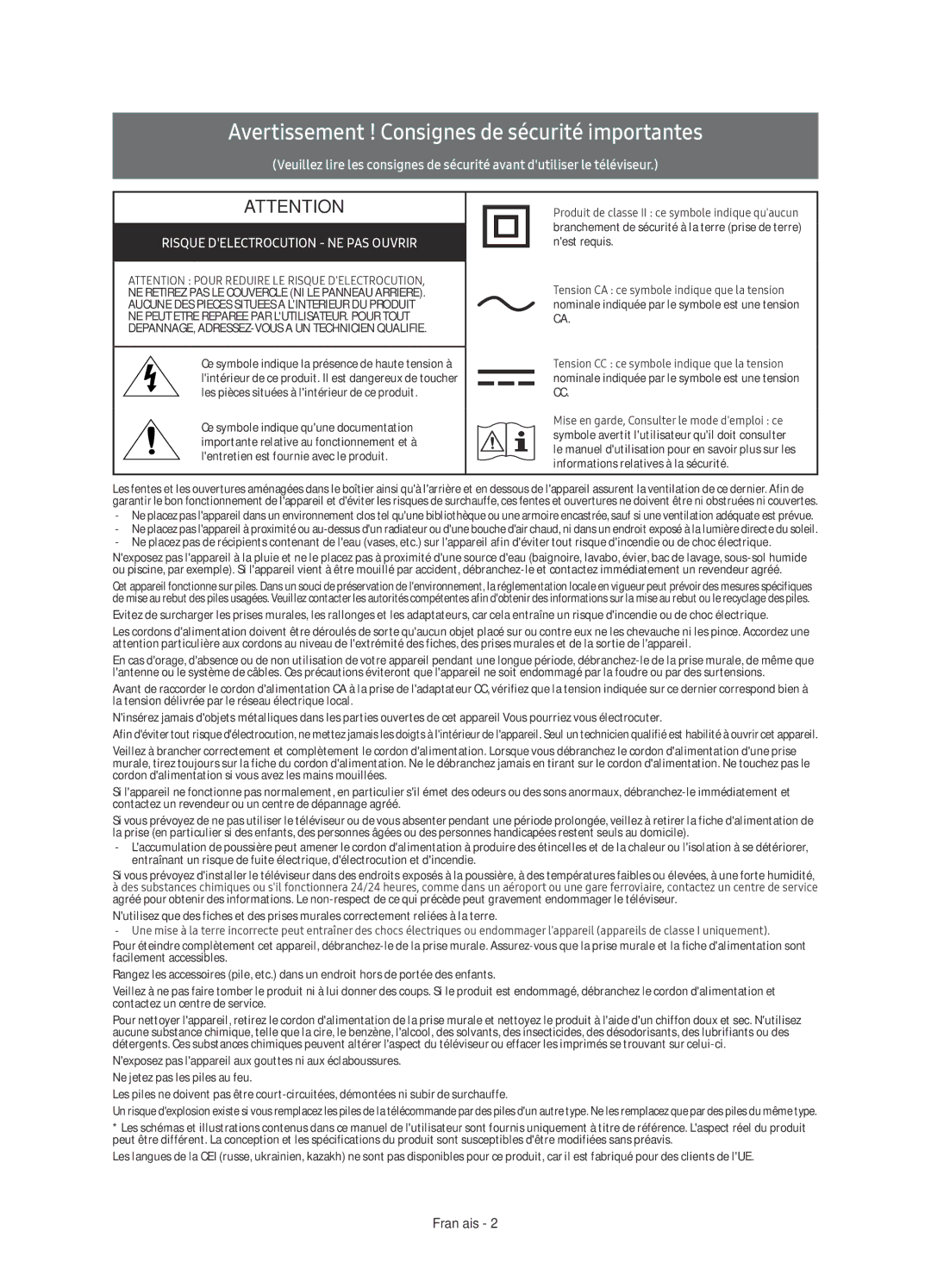 Samsung UE65KS9500LXXH, UE65KS9500LXXN, UE88KS9800LXXN, UE78KS9500LXXN Avertissement ! Consignes de sécurité importantes 