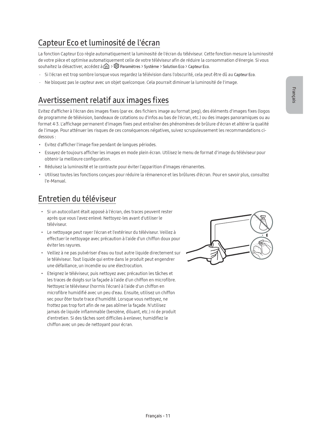 Samsung UE78KS9500LXXN, UE65KS9500LXXH manual Capteur Eco et luminosité de lécran, Avertissement relatif aux images fixes 