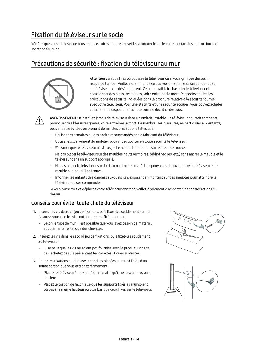 Samsung UE65KS9500LXXH manual Fixation du téléviseur sur le socle, Précautions de sécurité fixation du téléviseur au mur 