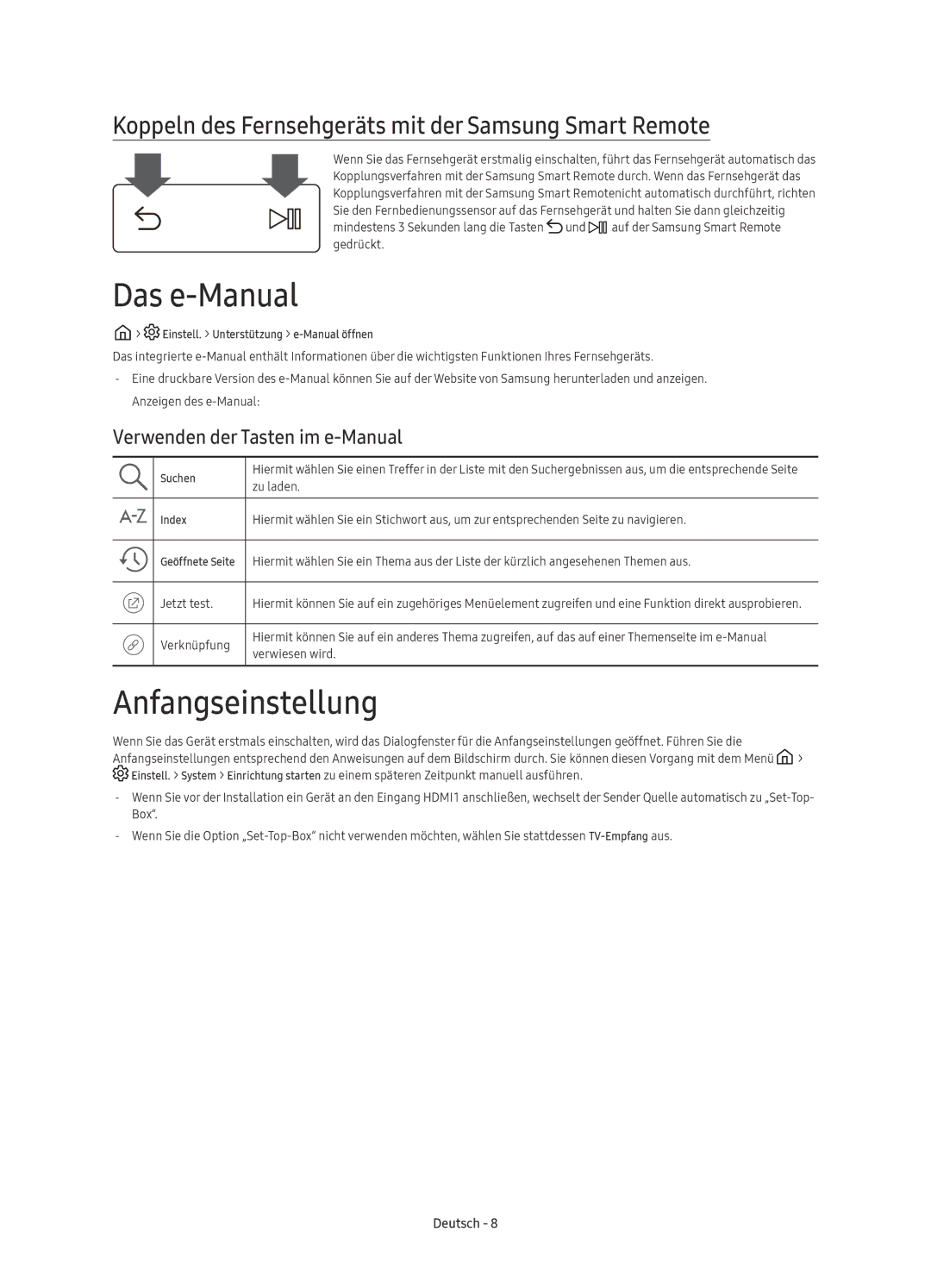 Samsung UE88KS9800LXXH manual Das e-Manual, Anfangseinstellung, Koppeln des Fernsehgeräts mit der Samsung Smart Remote 