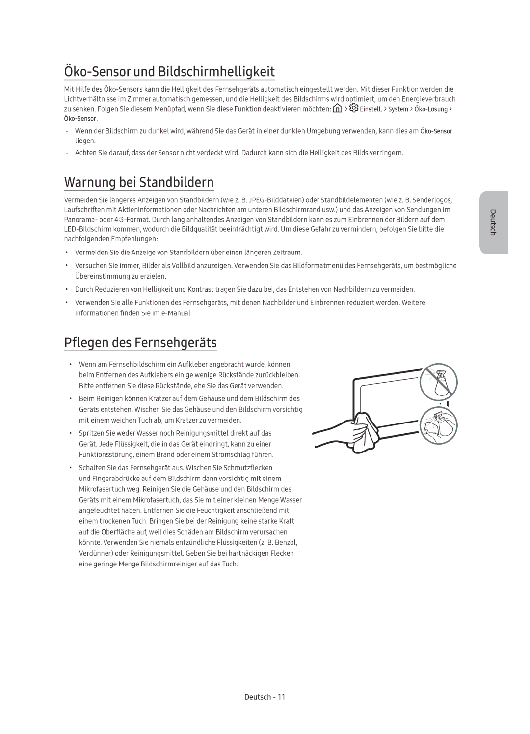 Samsung UE65KS9500LXXN manual Öko-Sensor und Bildschirmhelligkeit, Warnung bei Standbildern, Pflegen des Fernsehgeräts 