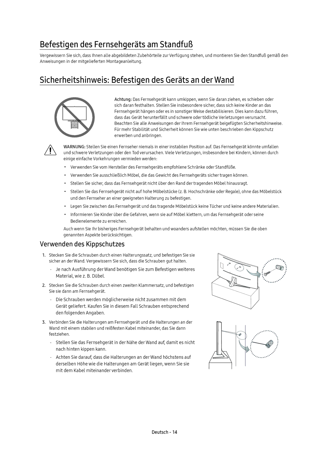 Samsung UE88KS9800LXXH Befestigen des Fernsehgeräts am Standfuß, Sicherheitshinweis Befestigen des Geräts an der Wand 