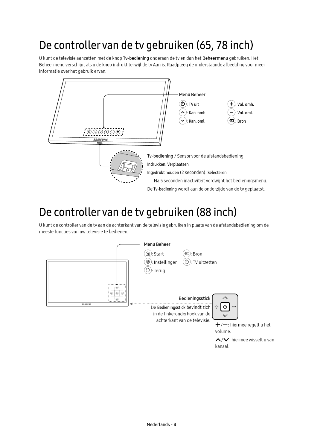 Samsung UE88KS9800LXXH manual De controller van de tv gebruiken 65, 78 inch, De controller van de tv gebruiken 88 inch 