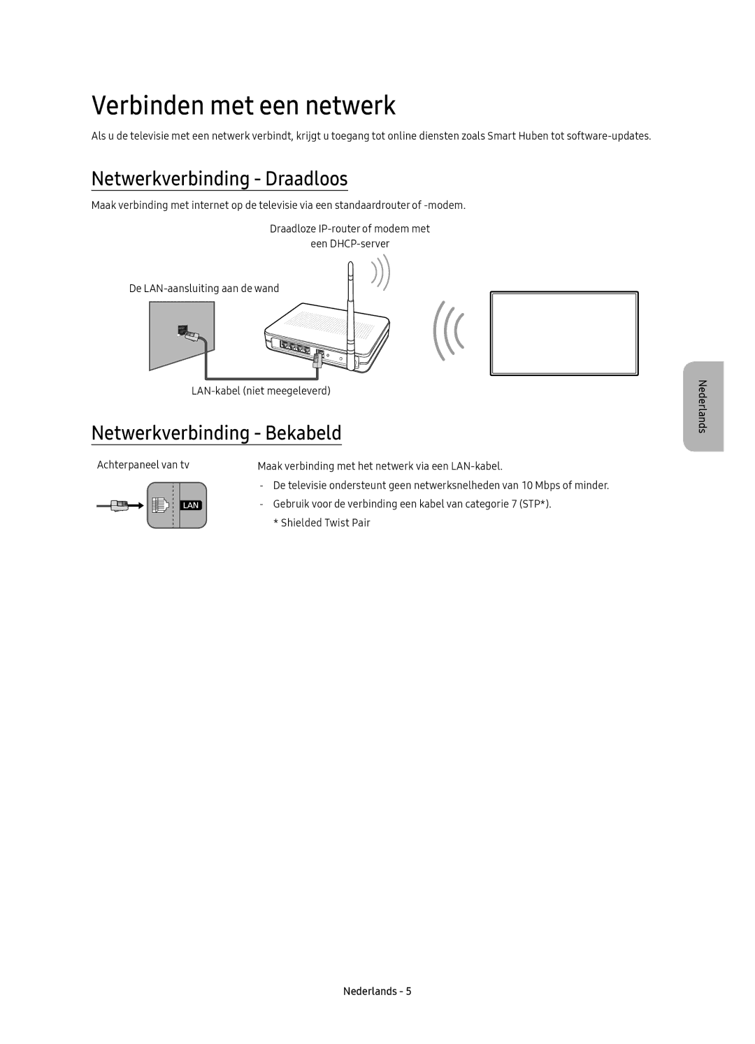 Samsung UE78KS9500LXXH, UE65KS9500LXXH Verbinden met een netwerk, Netwerkverbinding Draadloos, Netwerkverbinding Bekabeld 