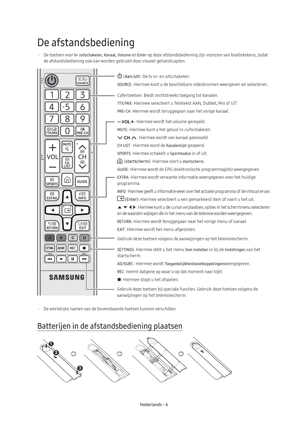 Samsung UE65KS9500LXXH, UE65KS9500LXXN, UE88KS9800LXXN De afstandsbediening, Batterijen in de afstandsbediening plaatsen 