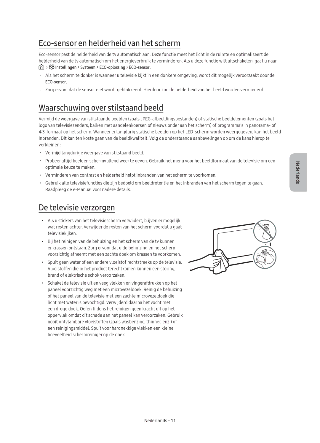 Samsung UE78KS9500LXXH Eco-sensor en helderheid van het scherm, Waarschuwing over stilstaand beeld, De televisie verzorgen 