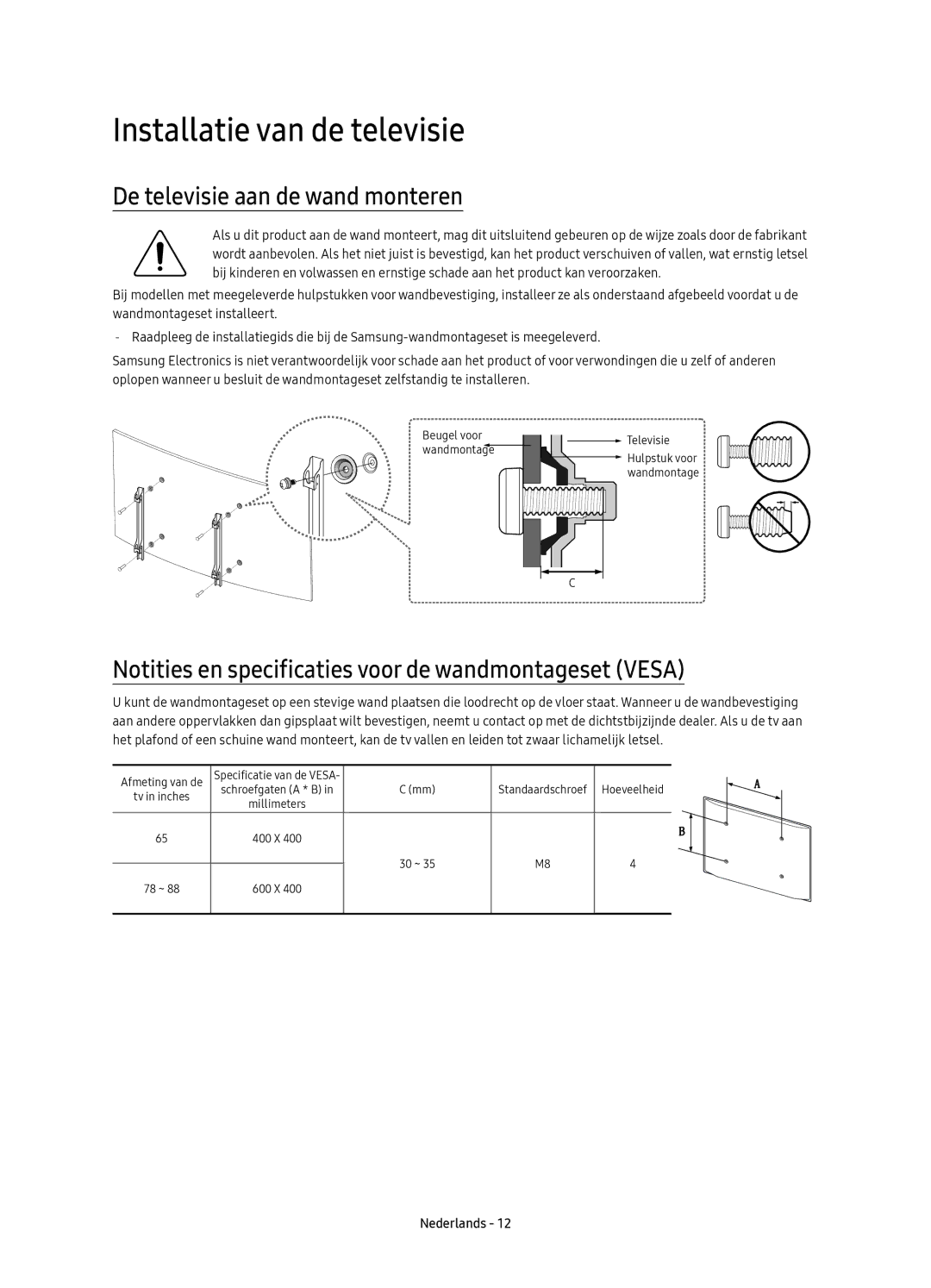 Samsung UE65KS9500LXXH, UE65KS9500LXXN, UE88KS9800LXXN manual Installatie van de televisie, De televisie aan de wand monteren 