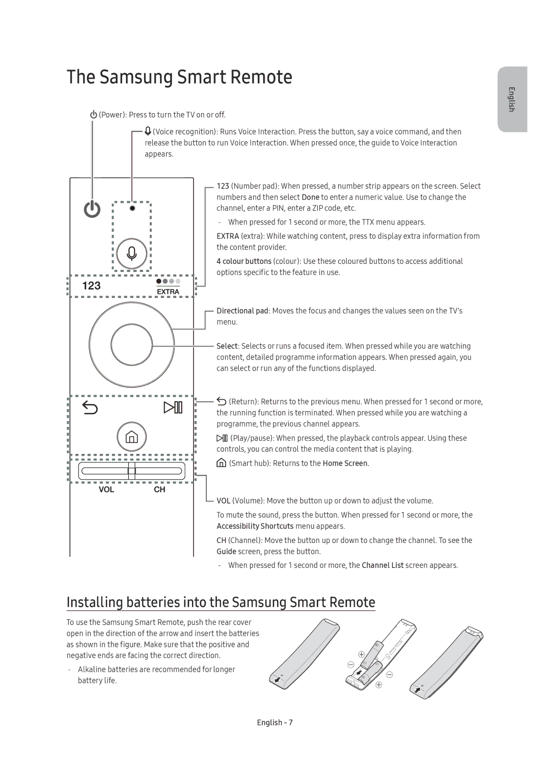 Samsung UE65KS9500LXXN, UE65KS9500LXXH, UE88KS9800LXXN manual Installing batteries into the Samsung Smart Remote 