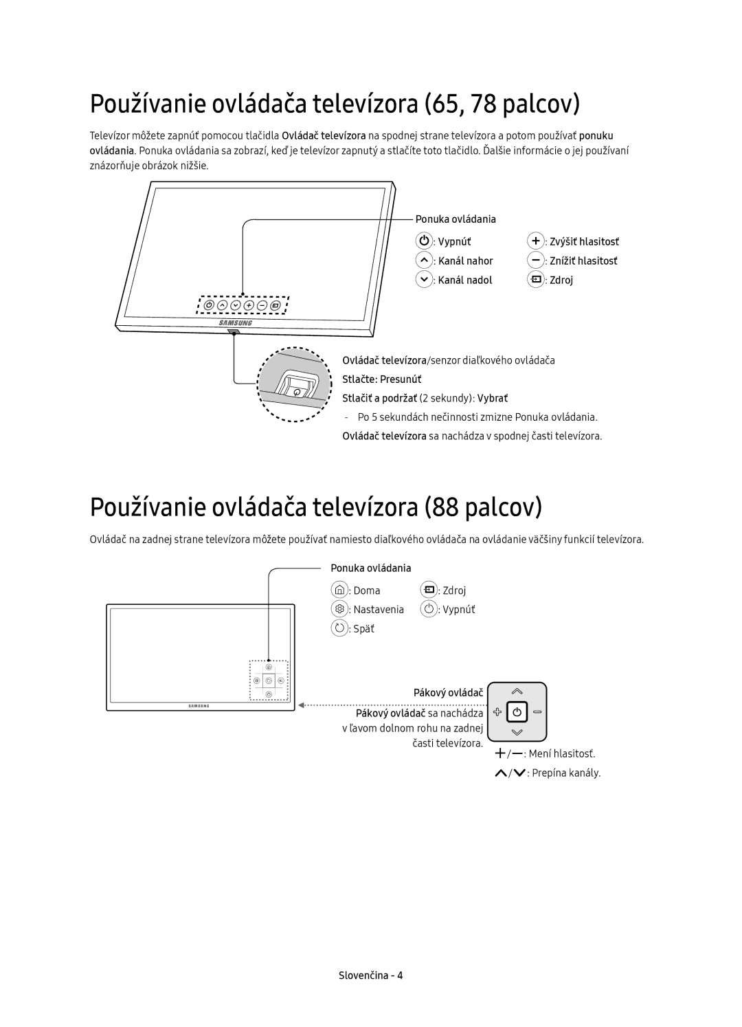 Samsung UE88KS9802TXXH manual Používanie ovládača televízora 65, 78 palcov, Používanie ovládača televízora 88 palcov 