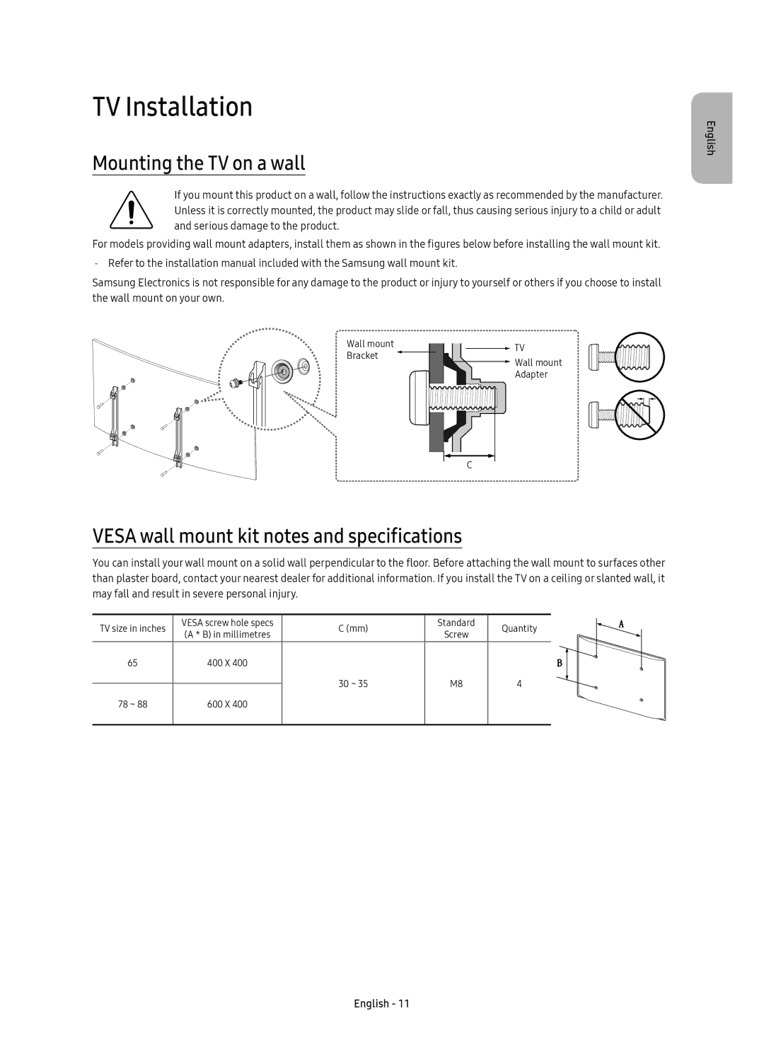 Samsung UE78KS9502TXXH manual TV Installation, Mounting the TV on a wall, Vesa wall mount kit notes and specifications 