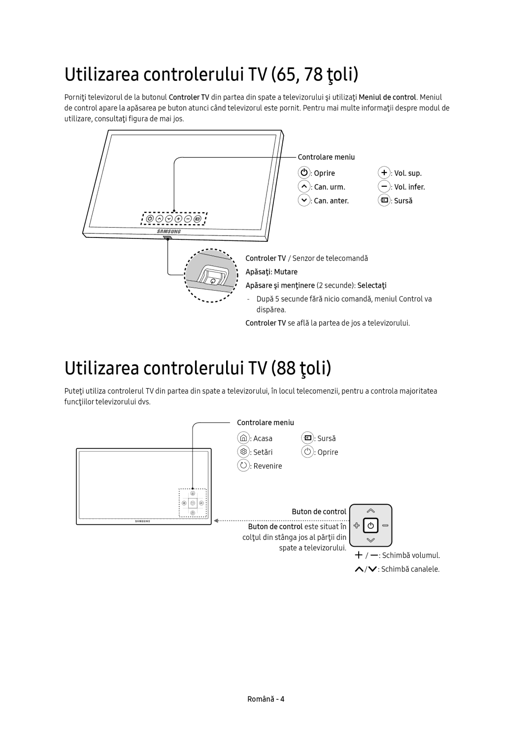 Samsung UE78KS9500LXXH, UE65KS9500LXXH manual Utilizarea controlerului TV 65, 78 ţoli, Utilizarea controlerului TV 88 ţoli 