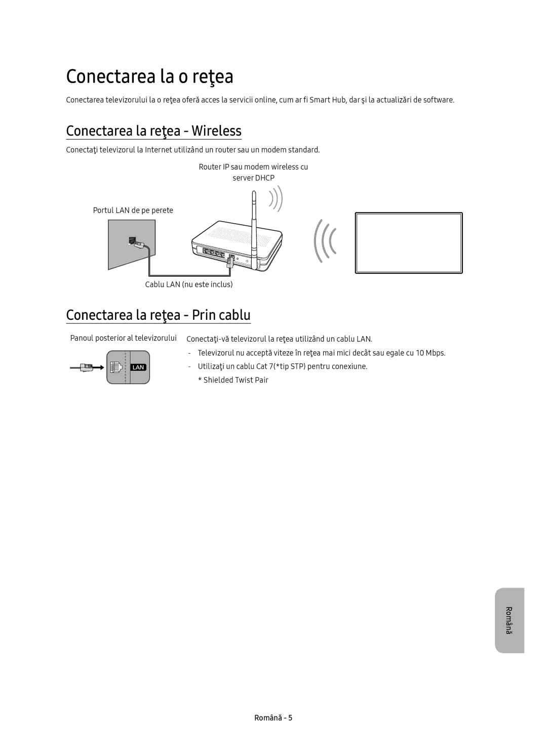 Samsung UE65KS9500LXXH, UE65KS9502TXXH Conectarea la o reţea, Conectarea la reţea Wireless, Conectarea la reţea Prin cablu 