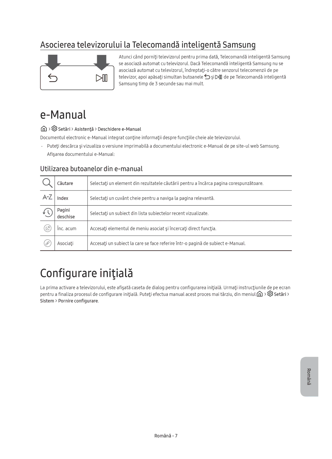 Samsung UE78KS9502TXXH manual Manual, Configurare iniţială, Asocierea televizorului la Telecomandă inteligentă Samsung 