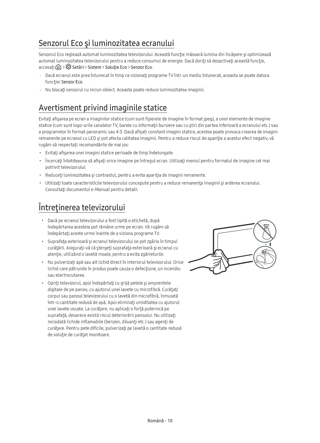 Samsung UE88KS9800LXXN, UE65KS9500LXXH manual Senzorul Eco şi luminozitatea ecranului, Avertisment privind imaginile statice 