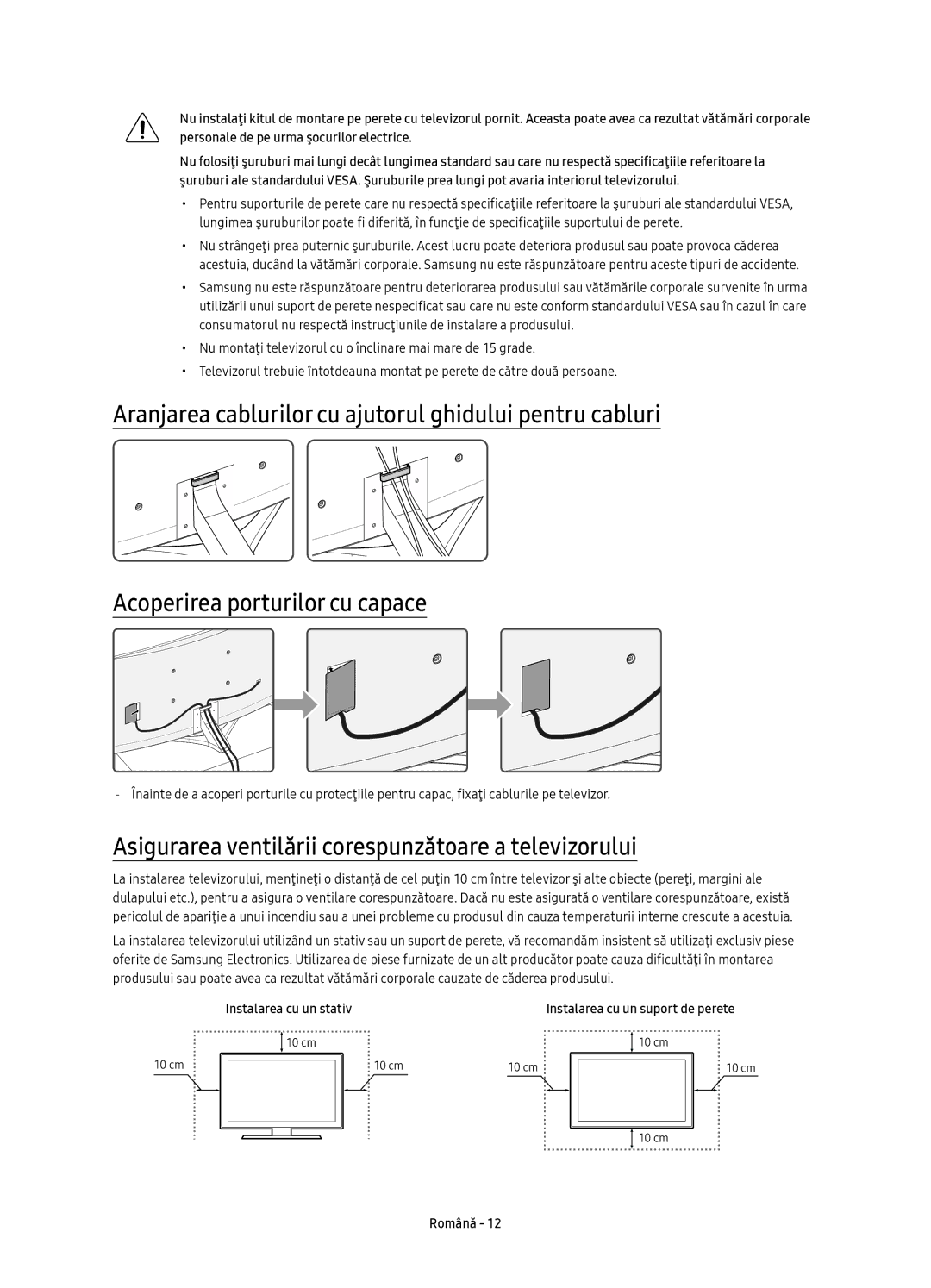 Samsung UE88KS9800LXXH, UE65KS9500LXXH manual Asigurarea ventilării corespunzătoare a televizorului, Instalarea cu un stativ 