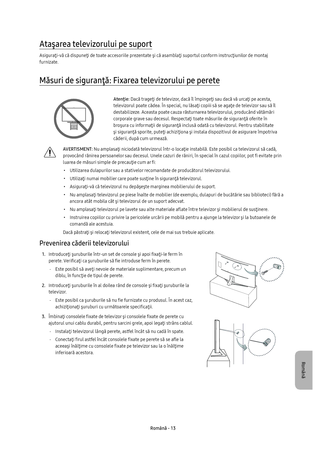 Samsung UE78KS9500LXXH manual Ataşarea televizorului pe suport, Măsuri de siguranţă Fixarea televizorului pe perete 