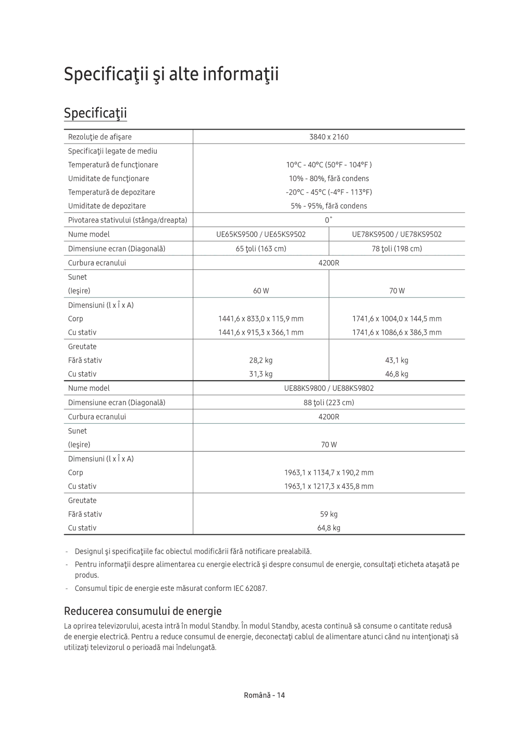 Samsung UE65KS9500LXXH, UE65KS9502TXXH, UE78KS9502TXXH Specificaţii şi alte informaţii, Reducerea consumului de energie 