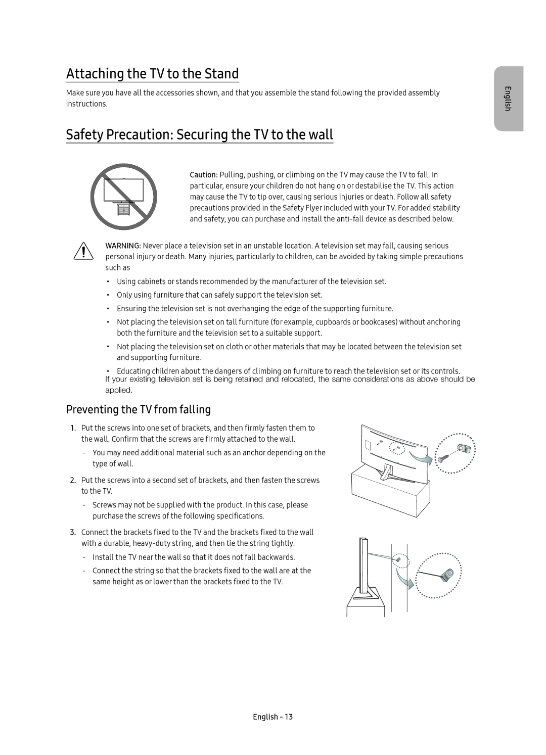 Samsung UE65KS9500LXXN, UE65KS9500LXXH manual Attaching the TV to the Stand, Safety Precaution Securing the TV to the wall 