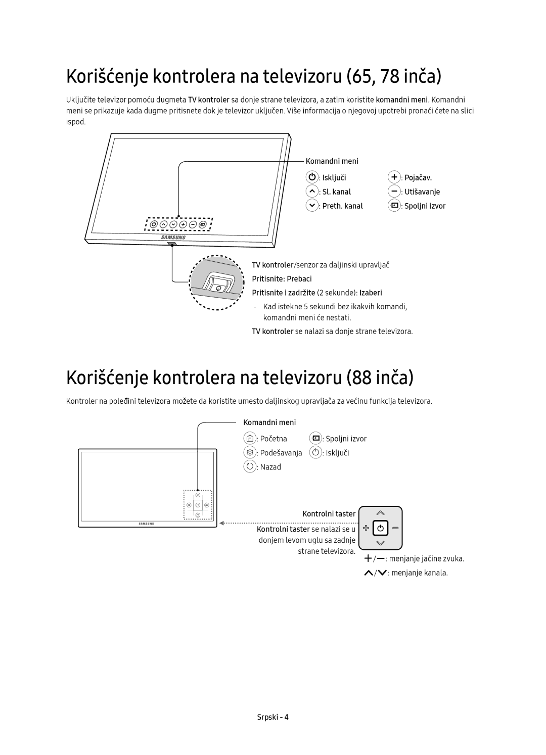 Samsung UE65KS9500LXXN manual Korišćenje kontrolera na televizoru 65, 78 inča, Korišćenje kontrolera na televizoru 88 inča 