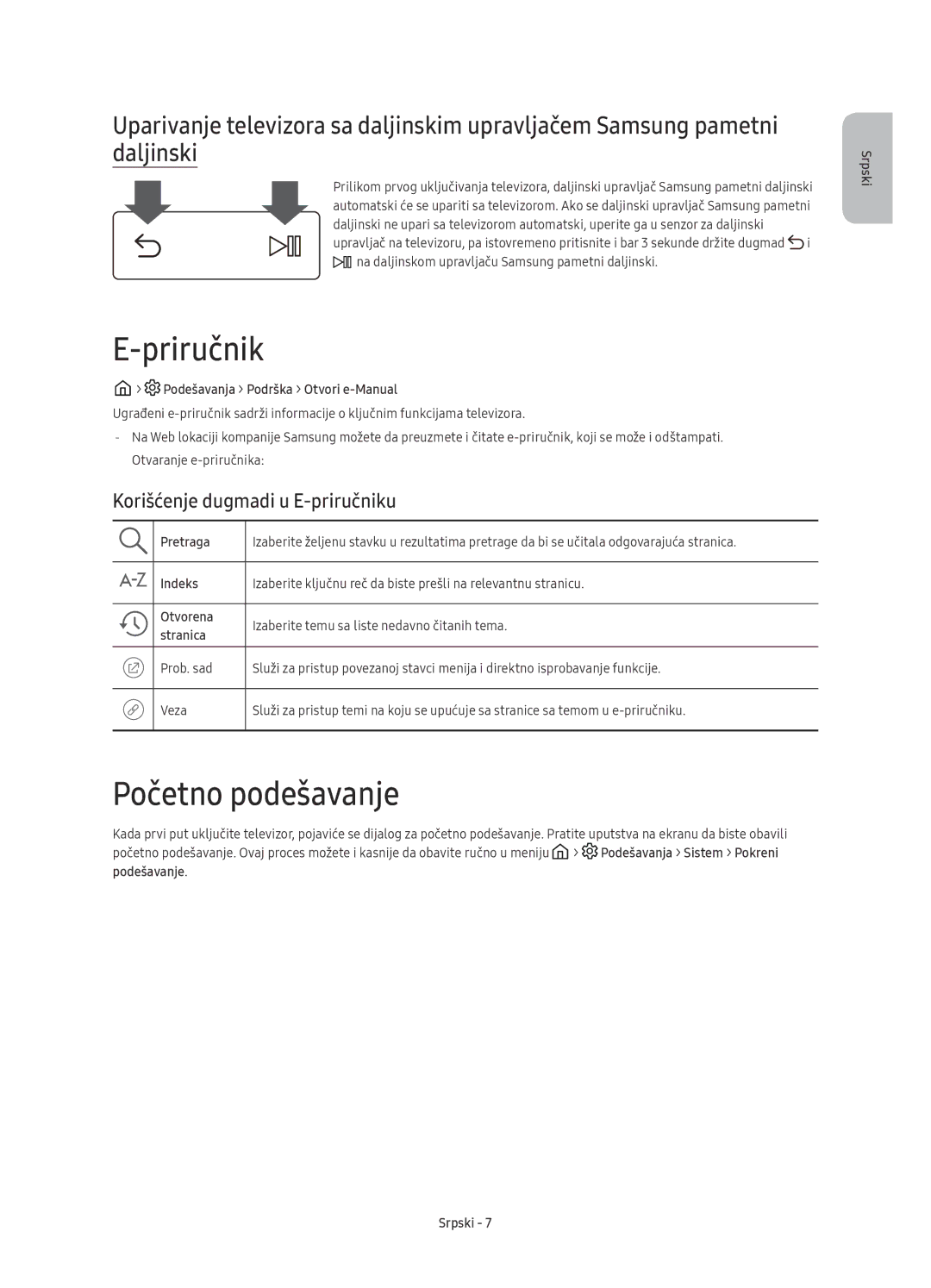 Samsung UE88KS9800LXXH, UE65KS9500LXXH manual Priručnik, Početno podešavanje, Korišćenje dugmadi u E-priručniku, Pretraga 