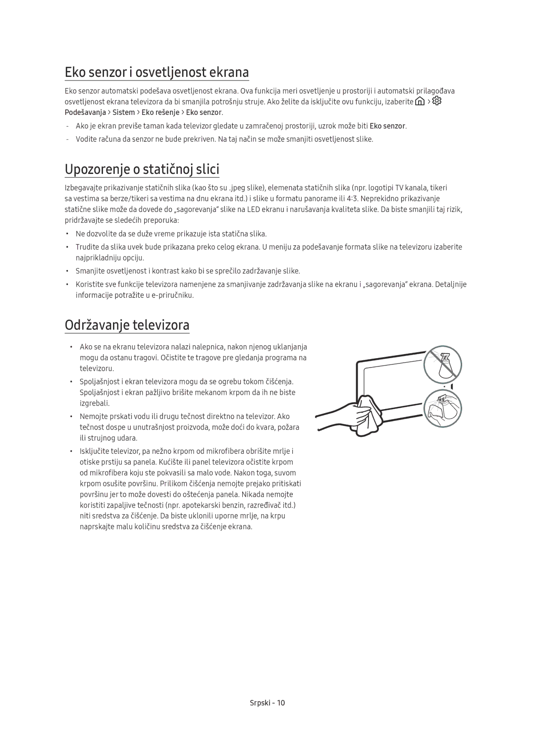 Samsung UE65KS9502TXXH manual Eko senzor i osvetljenost ekrana, Upozorenje o statičnoj slici, Održavanje televizora 