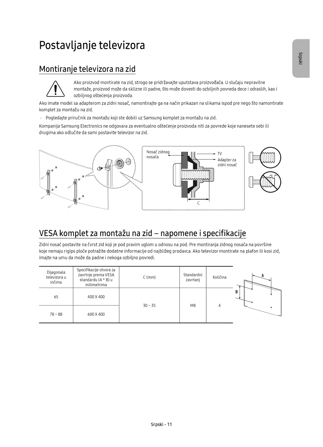 Samsung UE78KS9502TXXH manual Montiranje televizora na zid, Vesa komplet za montažu na zid napomene i specifikacije 