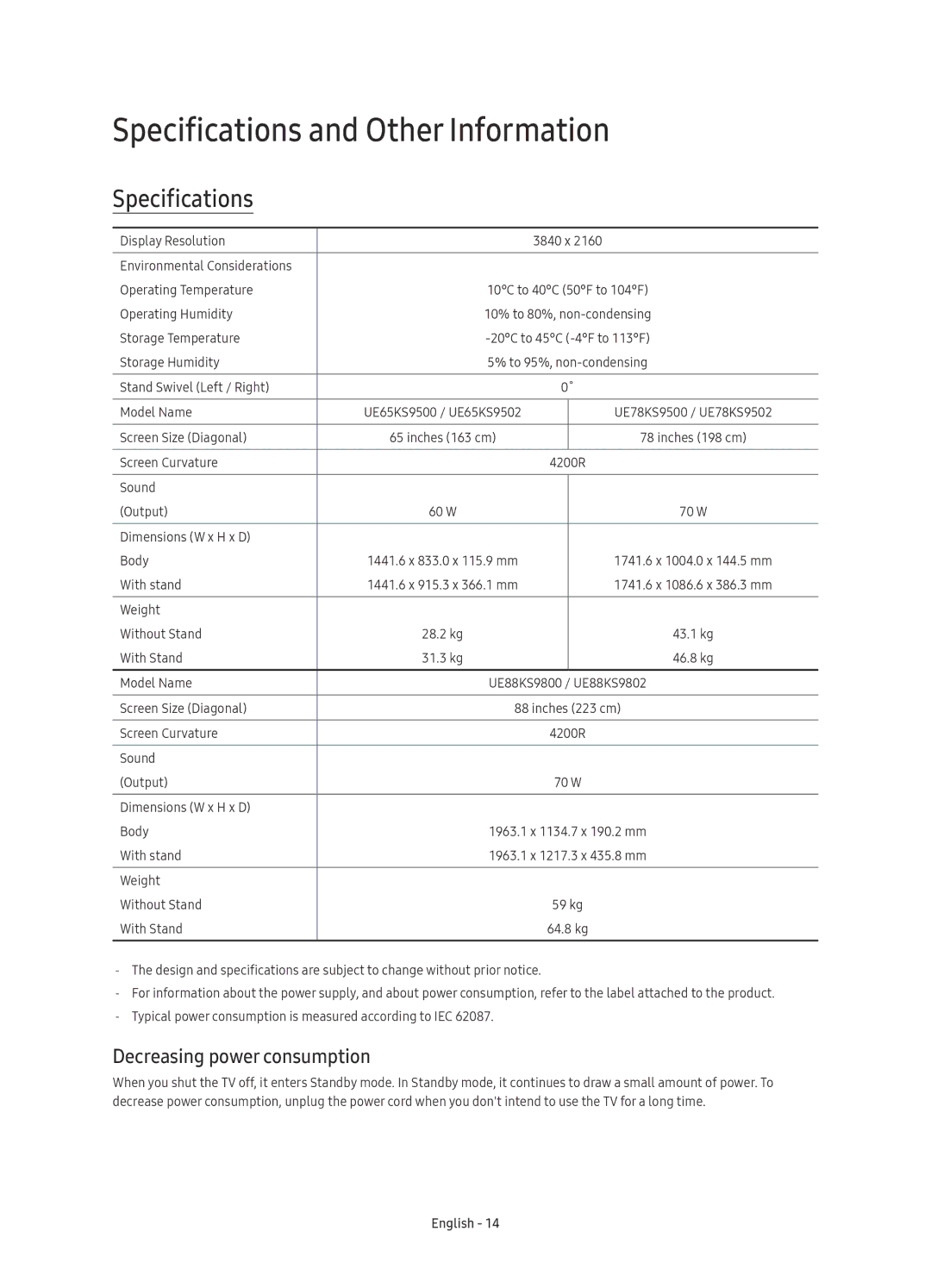 Samsung UE88KS9800LXXN, UE65KS9500LXXH, UE65KS9502TXXH Specifications and Other Information, Decreasing power consumption 