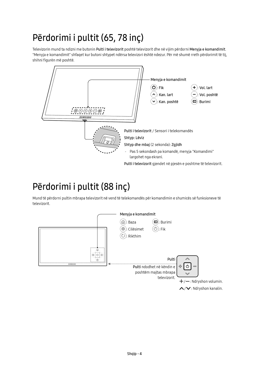 Samsung UE65KS9500LXXH, UE65KS9502TXXH, UE78KS9502TXXH manual Përdorimi i pultit 65, 78 inç, Përdorimi i pultit 88 inç 