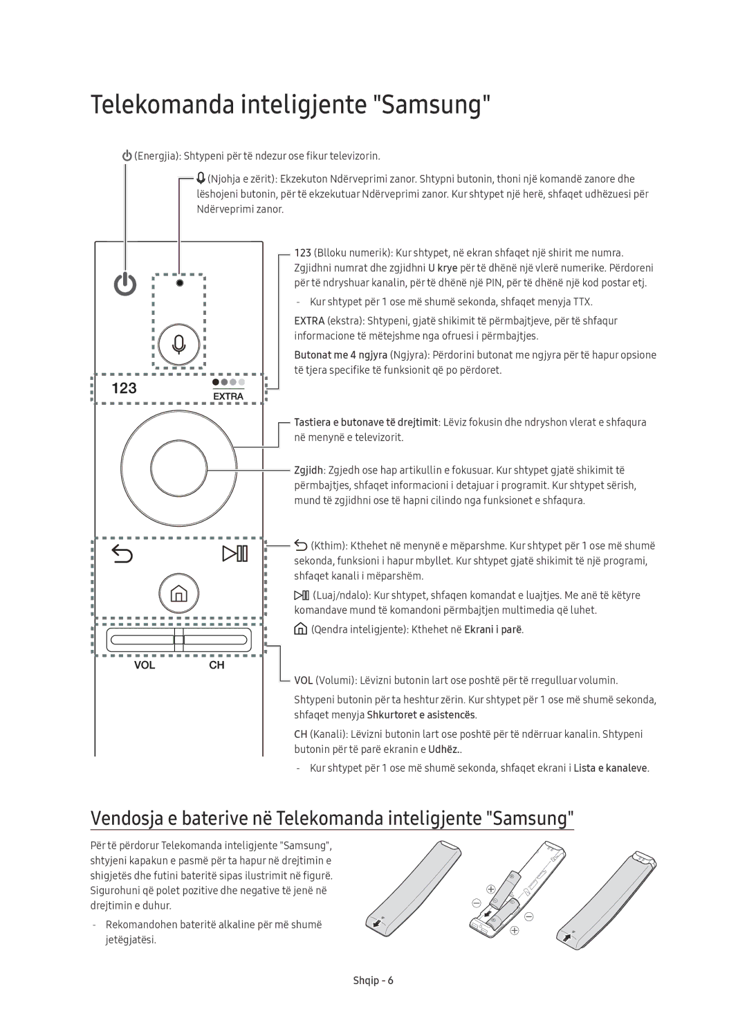 Samsung UE78KS9502TXXH, UE65KS9500LXXH, UE65KS9502TXXH manual Vendosja e baterive në Telekomanda inteligjente Samsung 