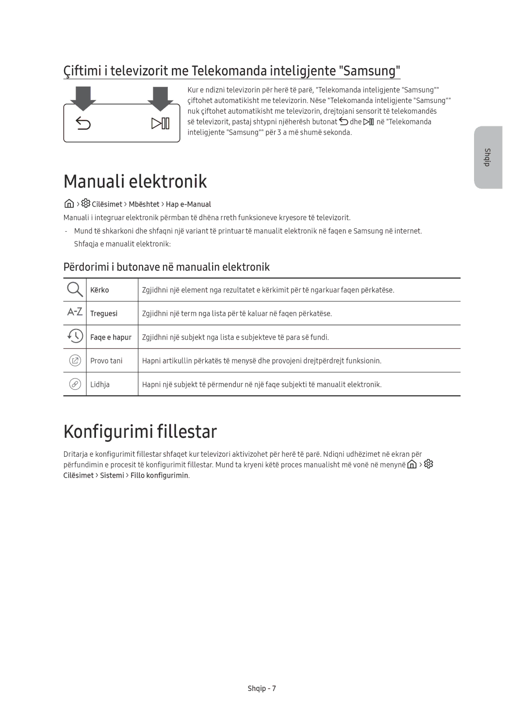 Samsung UE88KS9802TXXH Manuali elektronik, Konfigurimi fillestar, Përdorimi i butonave në manualin elektronik 