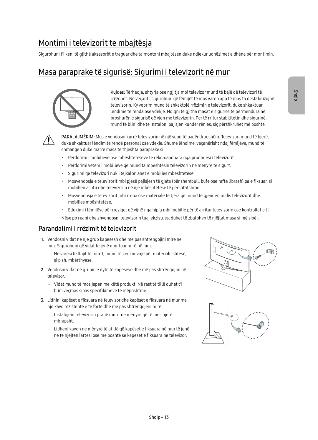 Samsung UE65KS9500LXXH manual Montimi i televizorit te mbajtësja, Masa paraprake të sigurisë Sigurimi i televizorit në mur 