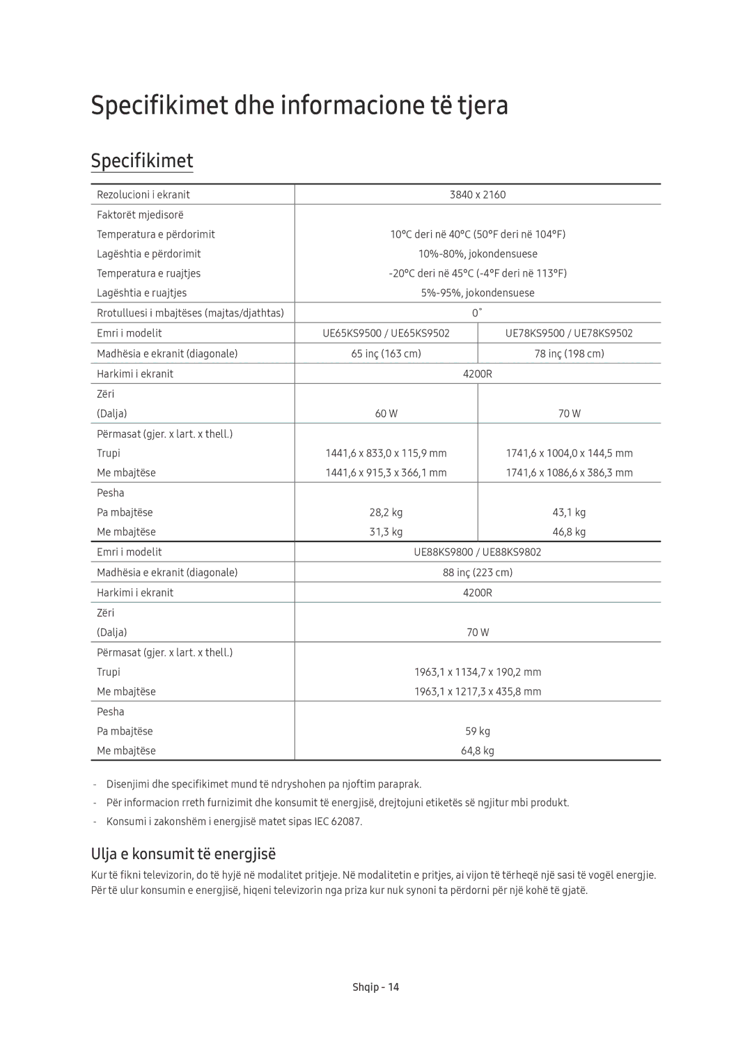 Samsung UE65KS9502TXXH, UE65KS9500LXXH, UE78KS9502TXXH Specifikimet dhe informacione të tjera, Ulja e konsumit të energjisë 