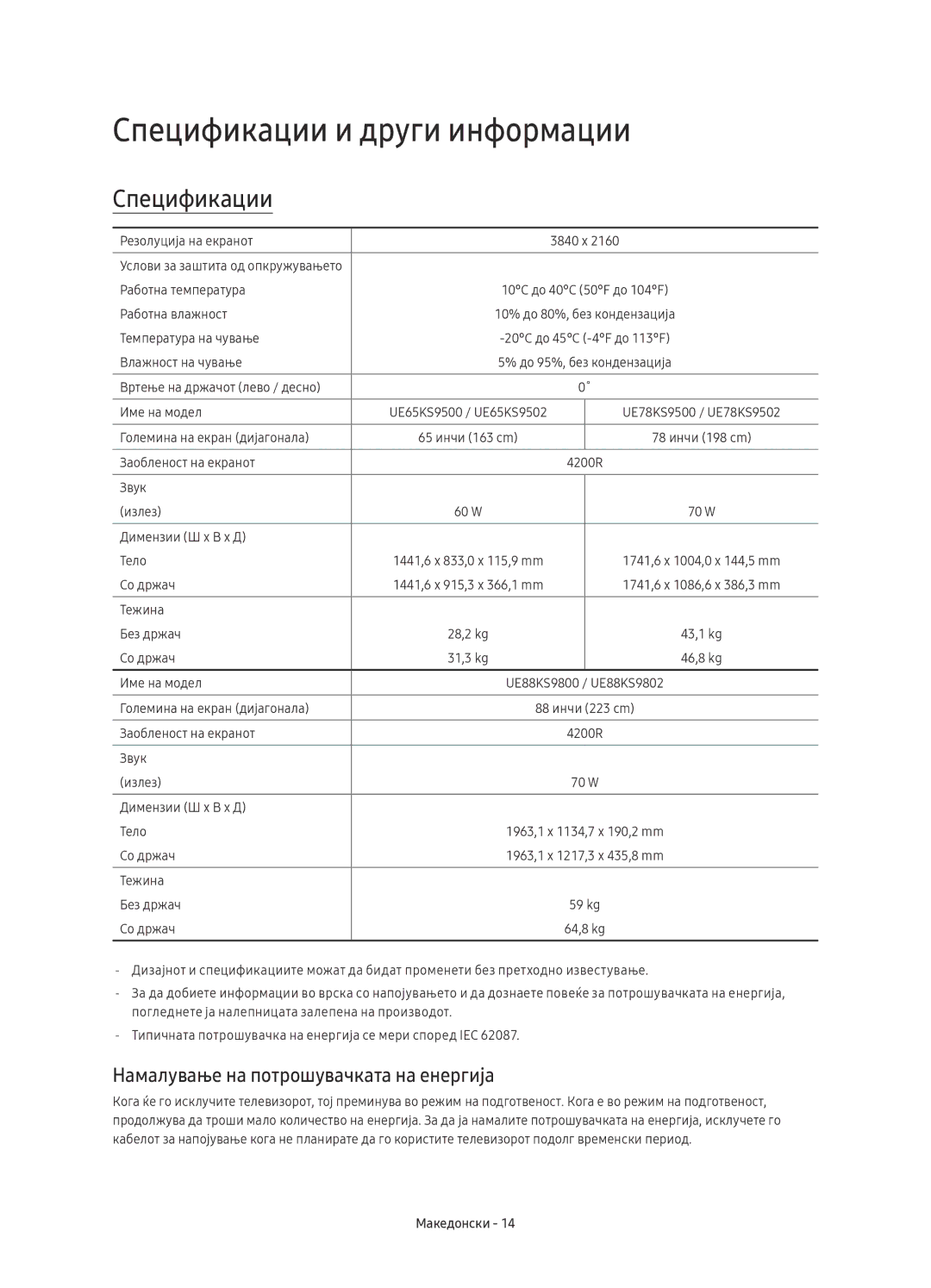 Samsung UE78KS9500LXXN, UE65KS9500LXXH manual Спецификации и други информации, Намалување на потрошувачката на енергија 