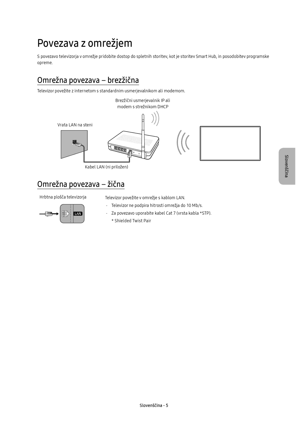 Samsung UE78KS9502TXXH, UE65KS9500LXXH manual Povezava z omrežjem, Omrežna povezava brezžična, Omrežna povezava žična 