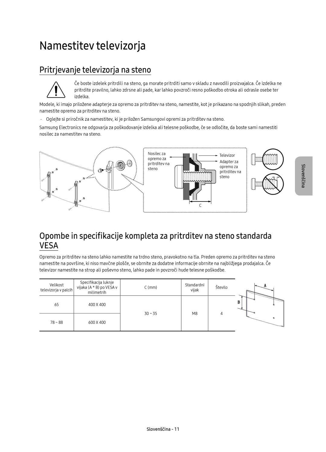 Samsung UE78KS9500LXXH, UE65KS9500LXXH, UE65KS9502TXXH manual Namestitev televizorja, Pritrjevanje televizorja na steno 