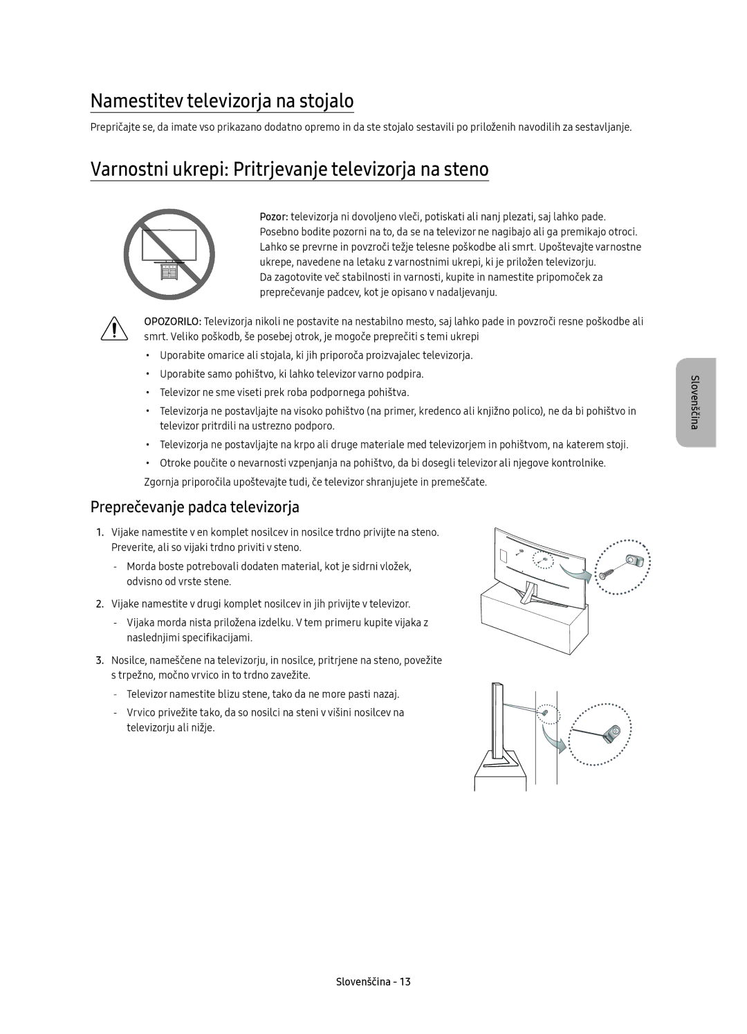 Samsung UE65KS9502TXXH manual Namestitev televizorja na stojalo, Varnostni ukrepi Pritrjevanje televizorja na steno 