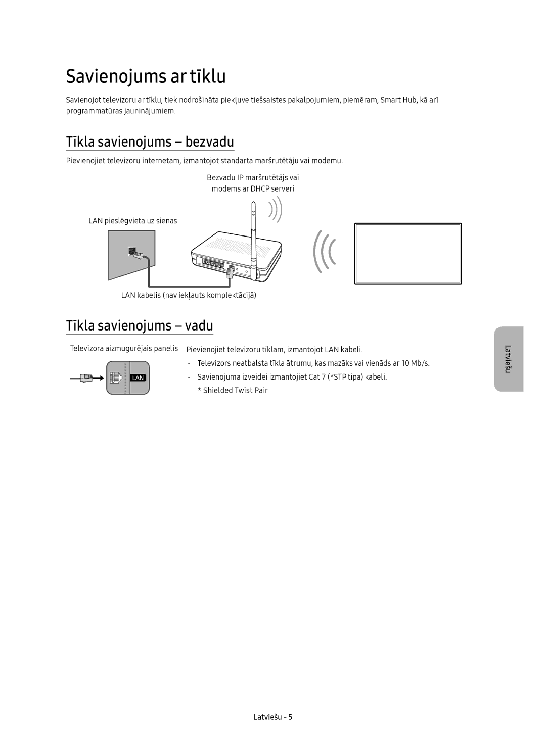 Samsung UE88KS9800LXXH, UE65KS9500LXXH manual Savienojums ar tīklu, Tīkla savienojums bezvadu, Tīkla savienojums vadu 