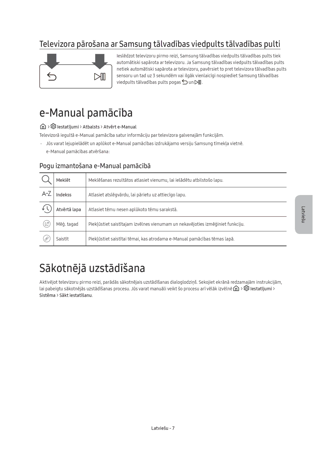 Samsung UE65KS9500LXXH, UE65KS9502TXXH manual Manual pamācība, Sākotnējā uzstādīšana, Pogu izmantošana e-Manual pamācībā 