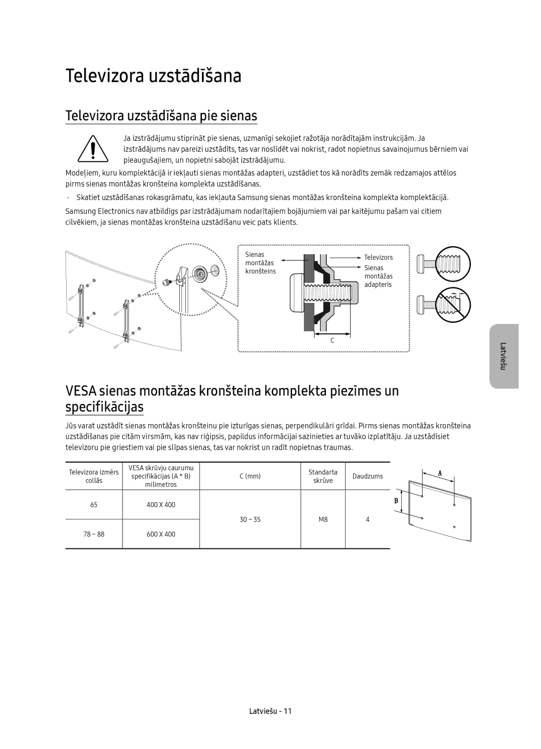 Samsung UE65KS9500LXXN, UE65KS9500LXXH, UE65KS9502TXXH, UE78KS9502TXXH, UE88KS9802TXXH Televizora uzstādīšana pie sienas 