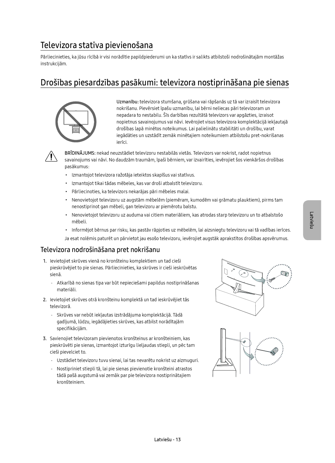 Samsung UE78KS9500LXXN, UE65KS9500LXXH manual Televizora statīva pievienošana, Televizora nodrošināšana pret nokrišanu 