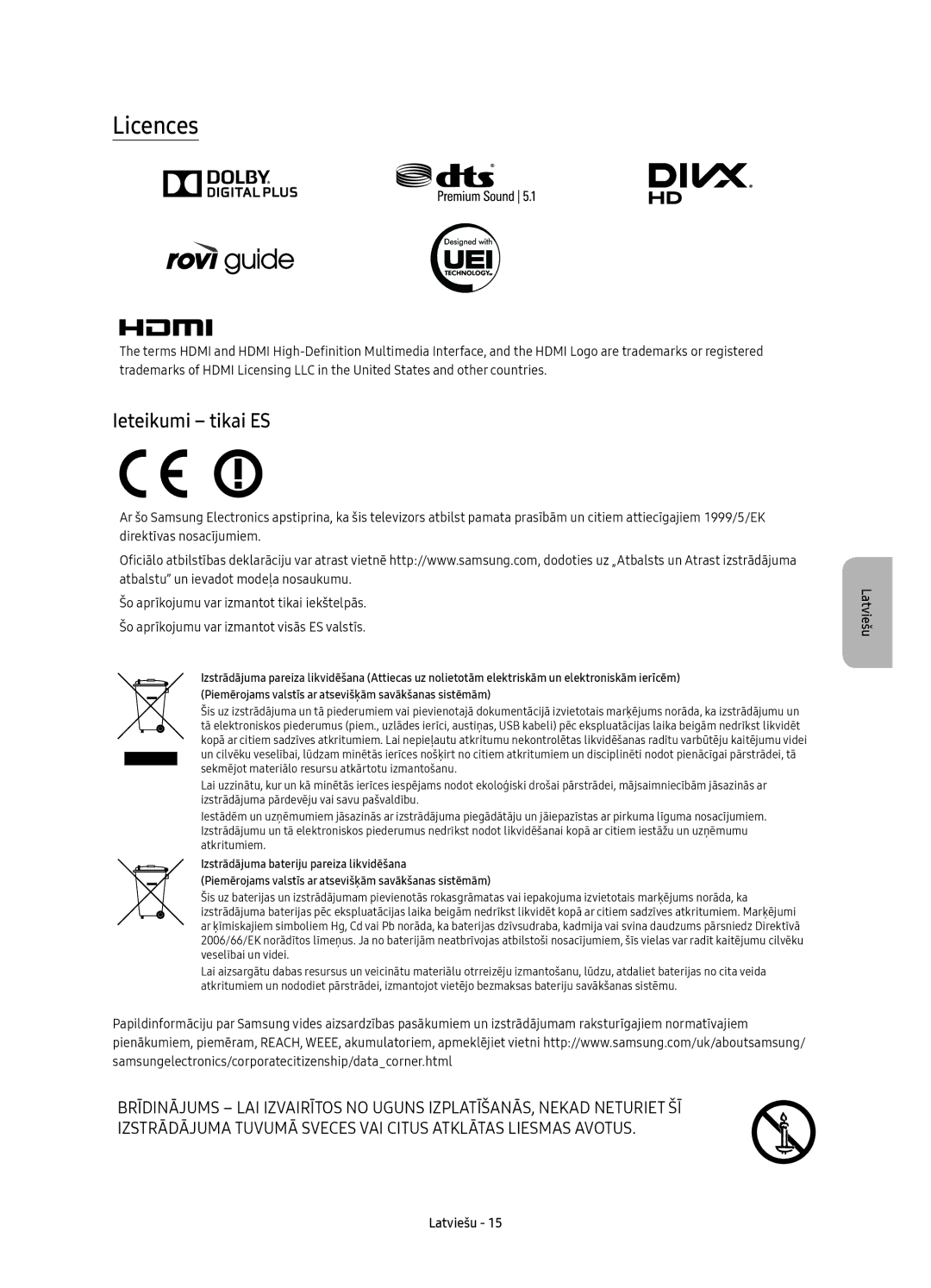 Samsung UE78KS9500LXXH, UE65KS9500LXXH, UE65KS9502TXXH, UE78KS9502TXXH, UE88KS9802TXXH manual Licences, Ieteikumi tikai ES 