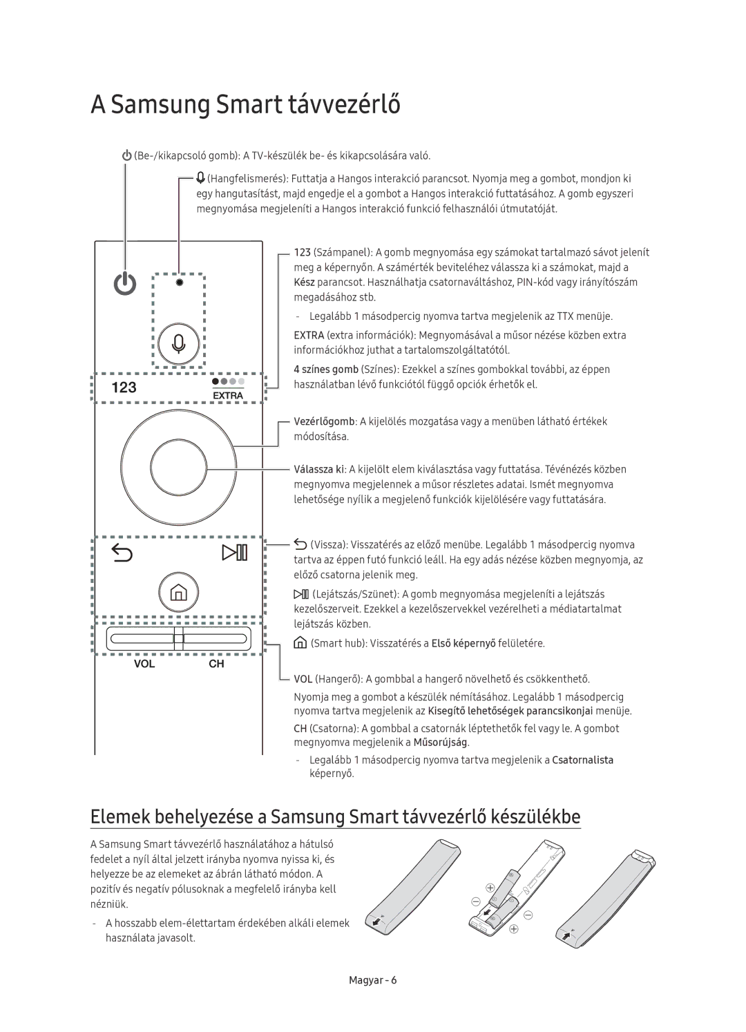 Samsung UE78KS9502TXXH, UE65KS9500LXXH, UE65KS9502TXXH manual Elemek behelyezése a Samsung Smart távvezérlő készülékbe 