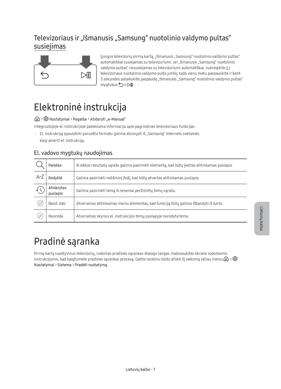 Samsung UE88KS9800LXXN, UE65KS9500LXXH manual Elektroninė instrukcija, Pradinė sąranka, El. vadovo mygtukų naudojimas 