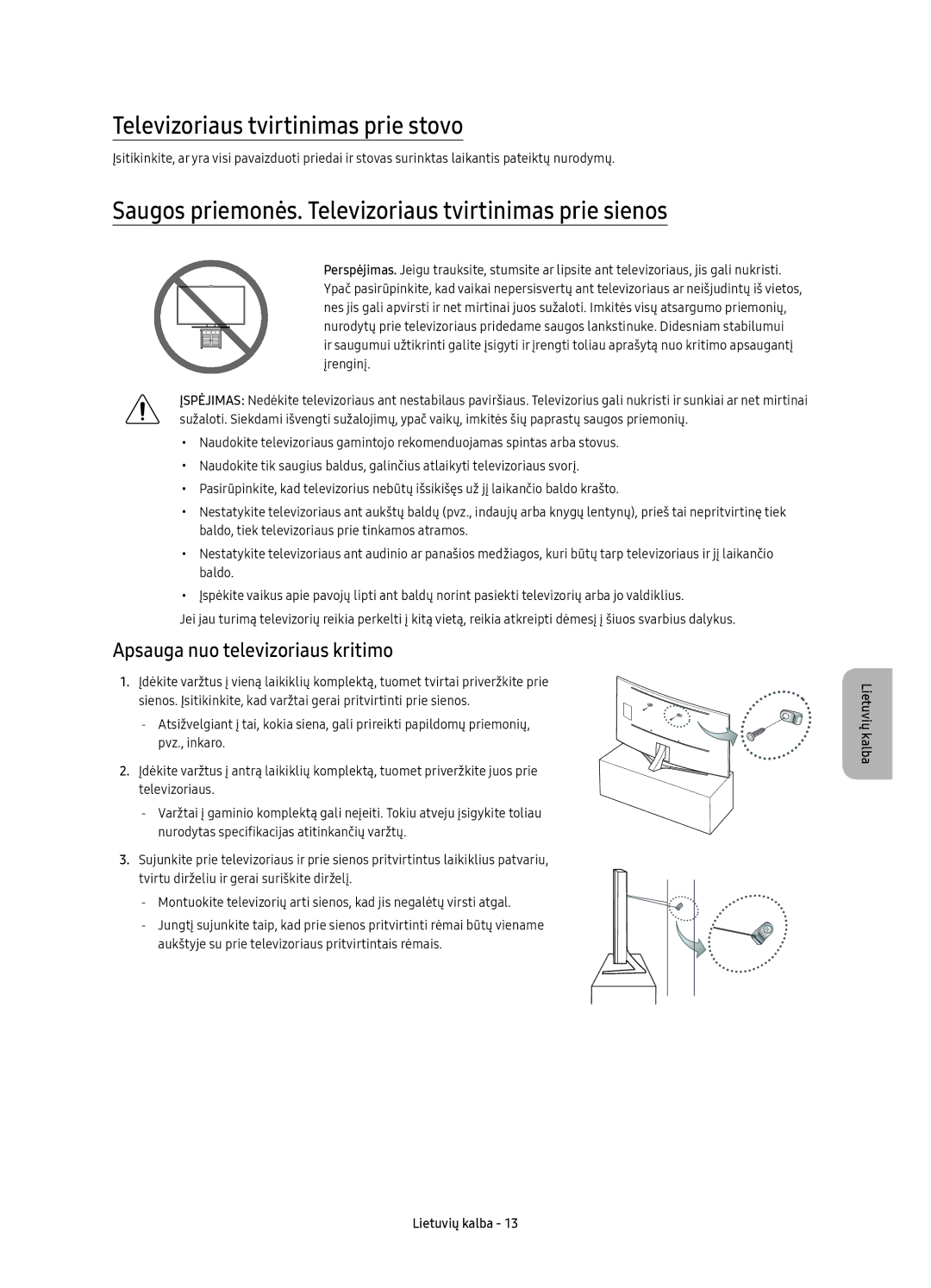 Samsung UE78KS9502TXXH manual Televizoriaus tvirtinimas prie stovo, Saugos priemonės. Televizoriaus tvirtinimas prie sienos 