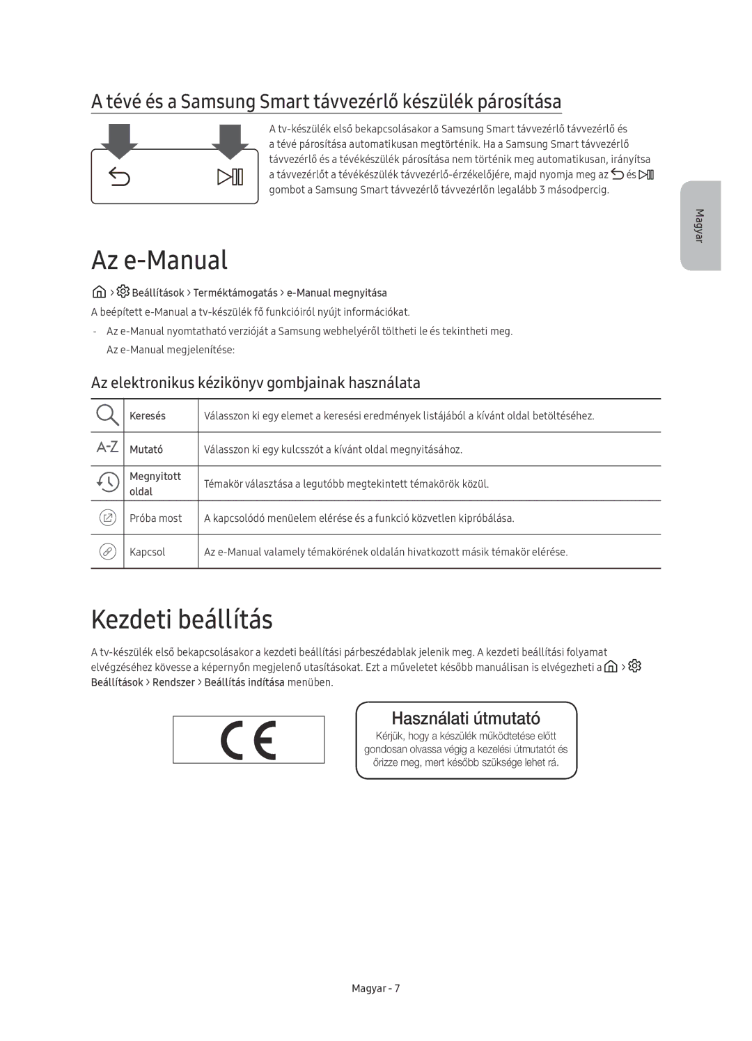 Samsung UE88KS9802TXXH manual Az e-Manual, Kezdeti beállítás, Tévé és a Samsung Smart távvezérlő készülék párosítása 