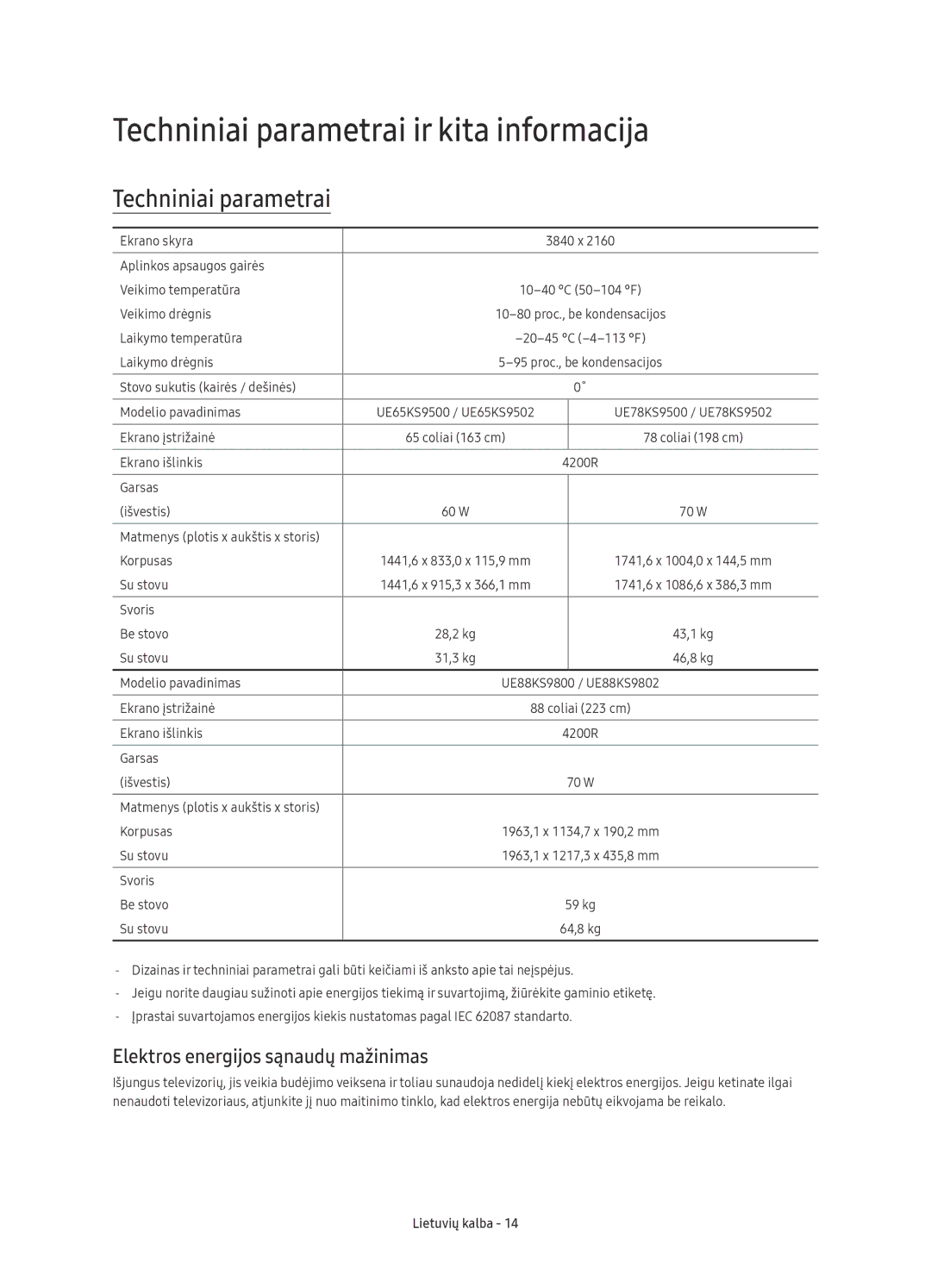 Samsung UE88KS9802TXXH, UE65KS9500LXXH Techniniai parametrai ir kita informacija, Elektros energijos sąnaudų mažinimas 