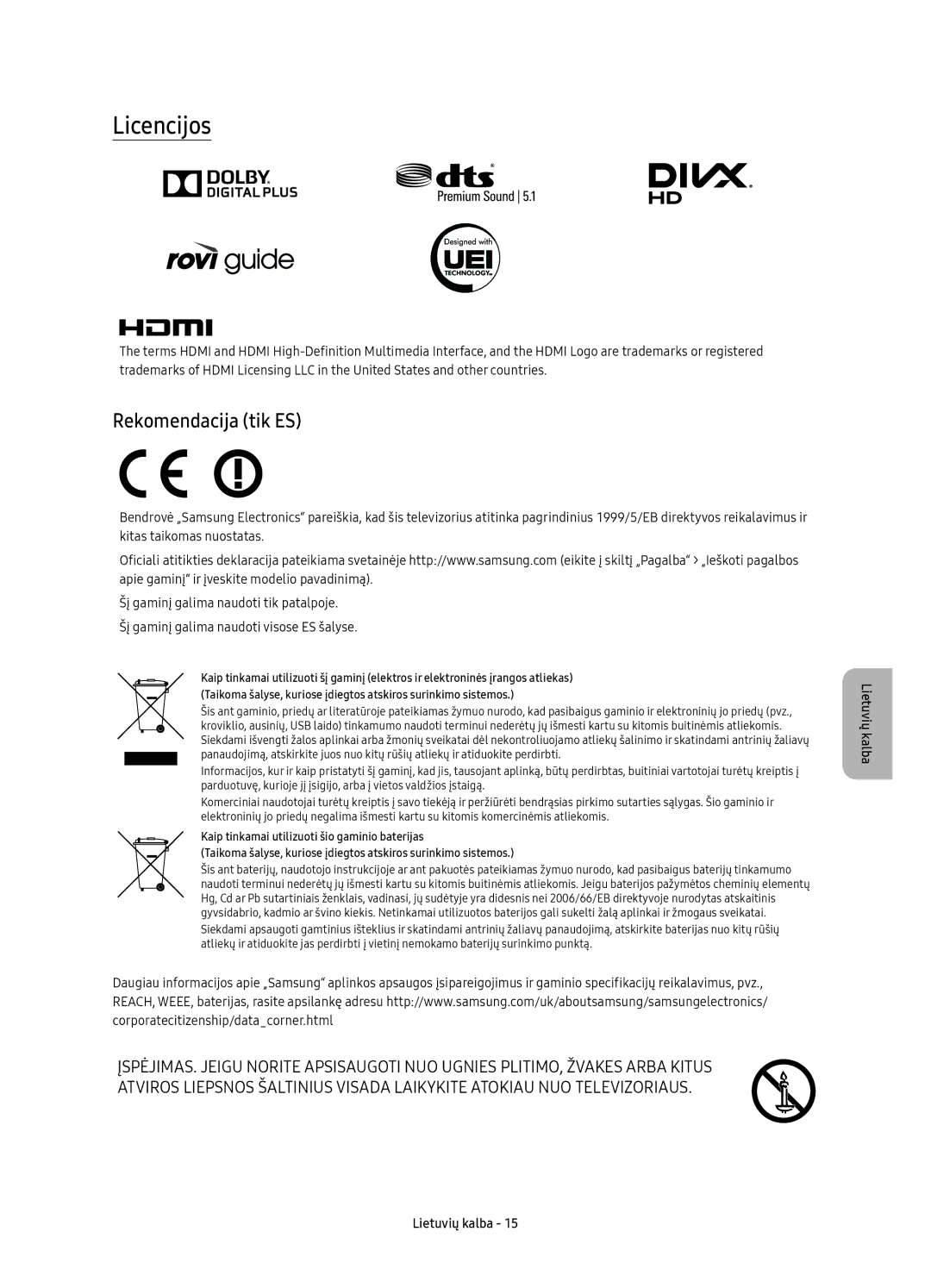 Samsung UE65KS9500LXXN, UE65KS9500LXXH, UE65KS9502TXXH, UE78KS9502TXXH, UE88KS9802TXXH manual Licencijos, Rekomendacija tik ES 