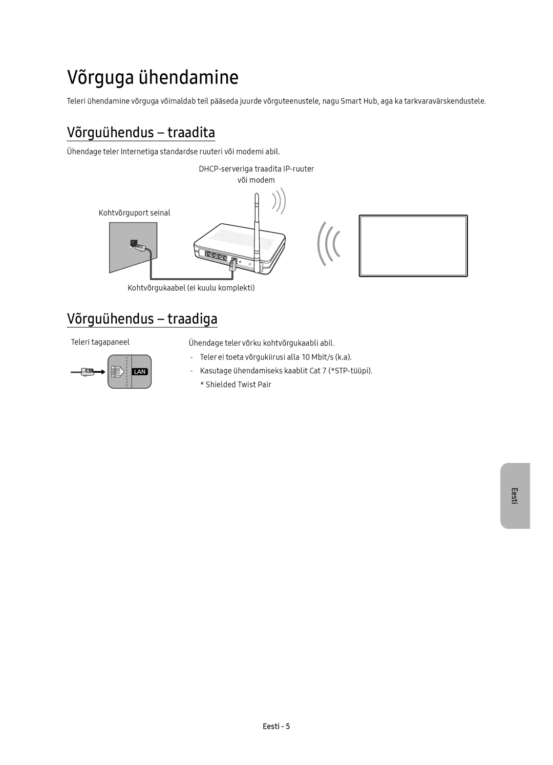 Samsung UE78KS9500LXXH, UE65KS9500LXXH, UE65KS9502TXXH Võrguga ühendamine, Võrguühendus traadita, Võrguühendus traadiga 