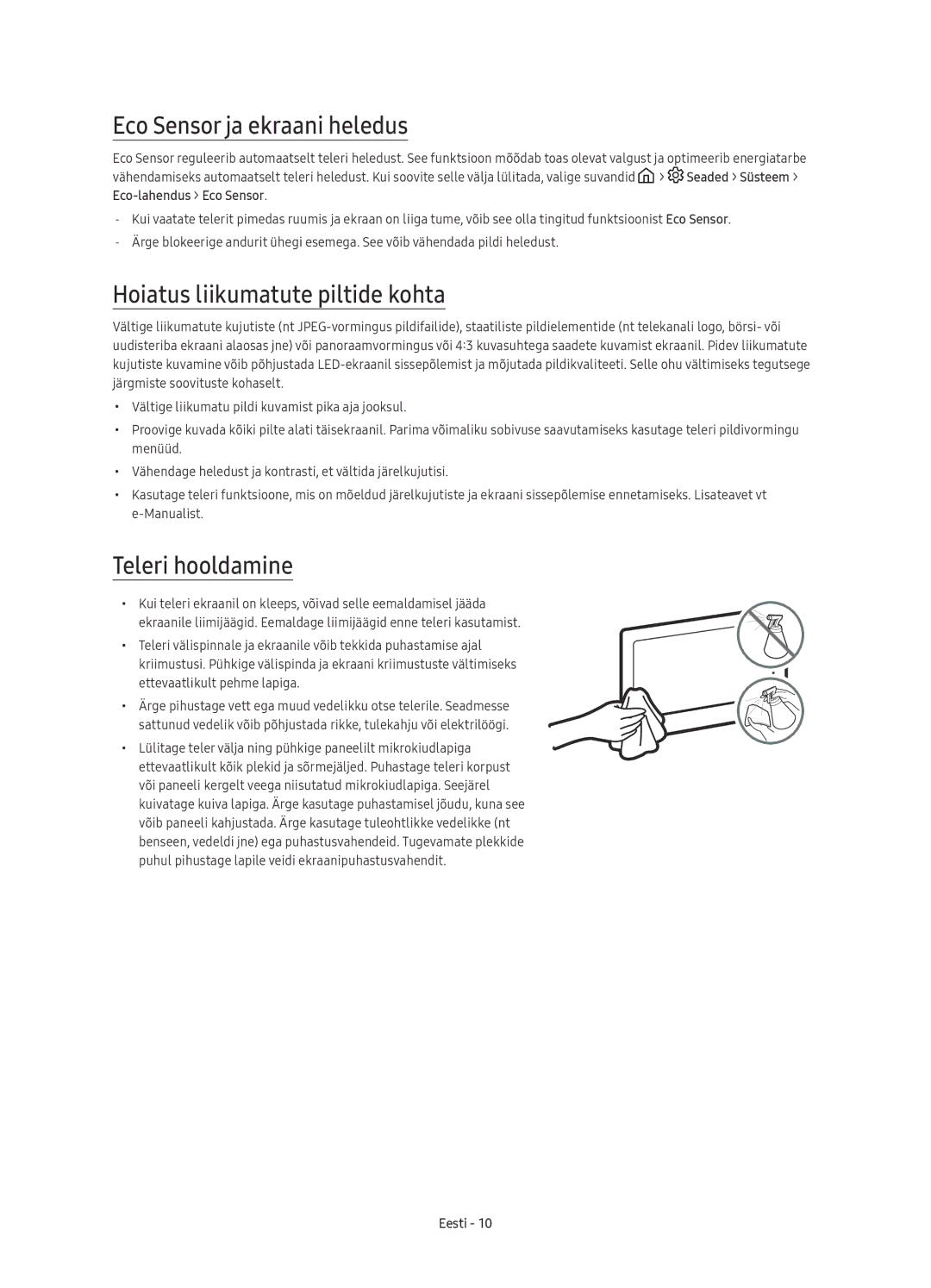 Samsung UE65KS9500LXXN, UE65KS9500LXXH Eco Sensor ja ekraani heledus, Hoiatus liikumatute piltide kohta, Teleri hooldamine 