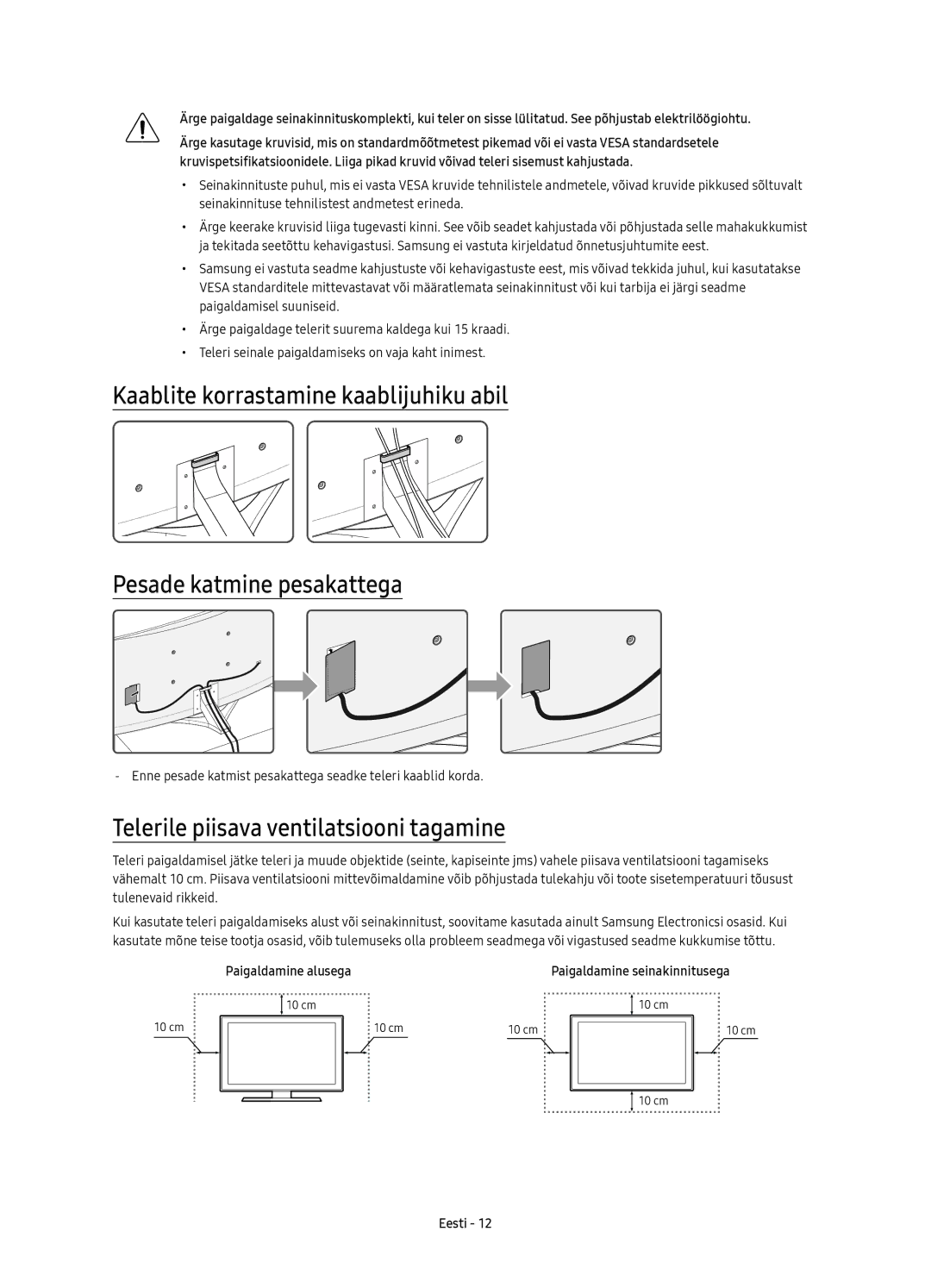 Samsung UE78KS9500LXXN, UE65KS9500LXXH, UE65KS9502TXXH manual Telerile piisava ventilatsiooni tagamine, Paigaldamine alusega 